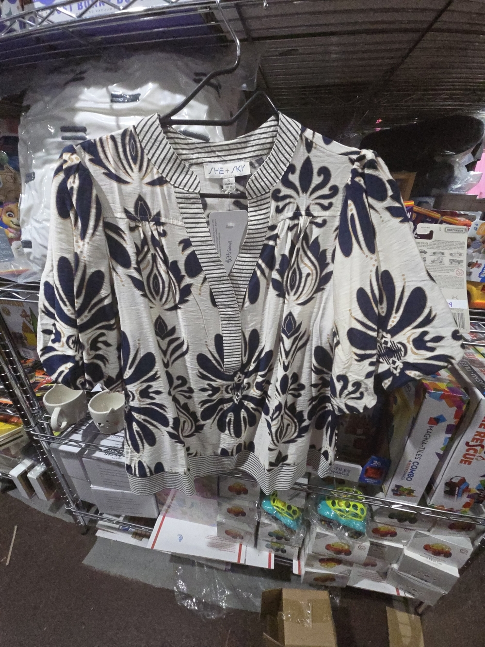 She + Sky Cream and Navy Floral Split-Peplum Blouse